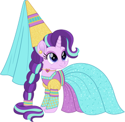 Size: 2040x2000 | Tagged: safe, artist:cloudy glow, starlight glimmer, unicorn, g4, barbie, beautiful, clothes, cute, dress, ear piercing, female, glimmerbetes, gown, hair tie, hair twirl, hat, hennin, horn, jewelry, necklace, piercing, pretty, princess, princess costume, princess starlight glimmer, rapunzel, simple background, solo, starlight glimmer is best facemaker, transparent background, vector