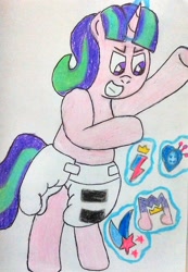 Size: 2342x3390 | Tagged: safe, artist:bitter sweetness, starlight glimmer, pony, unicorn, g4, g5, adult foal, cutie mark, cutie mark theft, diaper, diaper fetish, evil smile, fetish, glowing, glowing horn, grin, horn, implied izzy moonbow, implied pipp petals, implied sunny starscout, implied zipp storm, levitation, magic, non-baby in diaper, poofy diaper, s5 starlight, simple background, smiling, solo, telekinesis, traditional art, white background