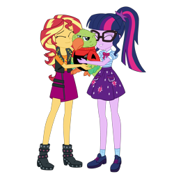 Size: 3000x3000 | Tagged: safe, artist:nie-martw-sie-o-mnie, sci-twi, sunset shimmer, twilight sparkle, oc, oc:commander inat'p, alien, bird, human, parakeet, star trek: sunset shimmer, equestria girls, g4, my little pony equestria girls: better together, clothes, commission, commissioner:jrshinkansenhorse, crossover, cute, female, first officer, hug, it's not about the parakeet, lesbian, melopsittian, sci-twi skirt, shimmerbetes, ship:sci-twishimmer, ship:sunsetsparkle, shipping, simple background, skirt, star trek, transparent background, twiabetes, unamused