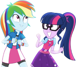 Size: 2836x2520 | Tagged: safe, edit, edited screencap, editor:homersimpson1983, screencap, rainbow dash, sci-twi, twilight sparkle, human, equestria girls, g4, background removed, clothes, duo, duo female, female, glasses, not a vector, ponytail, sci-twi outfits, simple background, smiling, transparent background