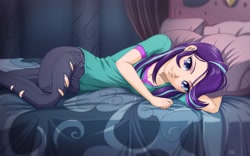 Size: 1280x800 | Tagged: safe, artist:uotapo, color edit, edit, editor:overlord 2, starlight glimmer, human, equestria girls, g4, bed, indoors, light skin, light skin edit, lying down, pillow, skin color edit, solo