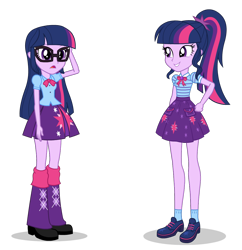 Size: 1116x1155 | Tagged: safe, artist:cwt10101, sci-twi, twilight sparkle, human, equestria girls, g4, accessory swap, adorkable, clothes, cute, cutie mark on clothes, dork, duo, duo female, female, glasses, pleated skirt, ponytail, sci-twi skirt, self paradox, simple background, skirt, transparent background, twilight sparkle's skirt, twolight, vector