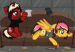 Size: 2246x1555 | Tagged: safe, artist:lightningbolt, derpibooru exclusive, pegasus, pony, unicorn, g4, .svg available, alcohol, alex gaskarth, all time low, bags under eyes, butt fluff, cheek fluff, clothes, couch, cup, drink, drinking, drunk, duo, duo male, dyed mane, dyed tail, ear fluff, ear piercing, facial hair, floppy ears, frown, hoof fluff, hoof hold, horn, jack barakat, lidded eyes, looking down, lying down, male, messy room, partially open wings, piercing, ponified, prone, sad, shirt, show accurate, sitting, stallion, svg, t-shirt, tail, tattoo, vector, wing fluff, wings