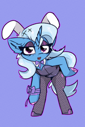 Size: 2000x3000 | Tagged: safe, artist:jubyskylines, trixie, unicorn, g4, blue background, bunny suit, clothes, female, horn, looking at you, simple background, solo