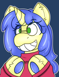 Size: 2824x3656 | Tagged: safe, artist:askhypnoswirl, oc, oc only, oc:logical leap, pony, unicorn, blue background, clothes, commission, female, forced smile, glasses, grin, horn, inanimate tf, looking at you, mare, pool toy, rubber, simple background, smiling, smiling at you, solo, sweater, transformation, unicorn oc, ych result