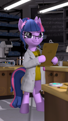 Size: 2160x3840 | Tagged: safe, artist:owlpirate, sci-twi, twilight sparkle, unicorn, semi-anthro, g4, 3d, 4k, clipboard, clothes, female, glasses, high res, horn, indoors, lab coat, laboratory, looking at you, mare, smiling, smiling at you, solo, source filmmaker, unicorn sci-twi