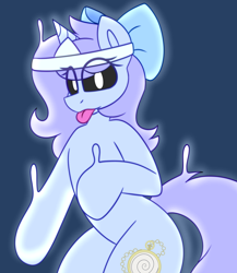 Size: 3856x4440 | Tagged: safe, artist:askhypnoswirl, oc, oc only, oc:swirly daze, ghost, ghost pony, undead, unicorn, bipedal, blue background, bow, commission, female, hair bow, horn, looking at you, mare, simple background, solo, tongue out, unicorn oc