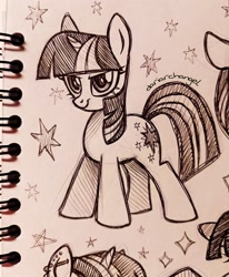 Size: 1691x2048 | Tagged: safe, artist:dariarchangel, twilight sparkle, pony, unicorn, g4, bangs, big ears, black and white, confident, cute, doodle, doodle page, female, grayscale, horn, looking up, mare, monochrome, pen drawing, pen sketch, sketch, sketchbook, small horn, smiling, smirk, smol, solo, sparkles, standing, stars, straight hair, straight mane, straight tail, traditional art, twiabetes, unicorn twilight