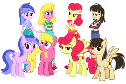 Size: 1280x854 | Tagged: safe, artist:media1997, cherry berry, sea swirl, seafoam, strawberry sunrise, wild fire, earth pony, human, pegasus, pony, unicorn, equestria girls, g4, boots, clothes, denim, female, horn, human ponidox, jeans, mare, pants, raised hoof, self paradox, self ponidox, shirt, shoes, simple background, spread wings, transparent background, wings