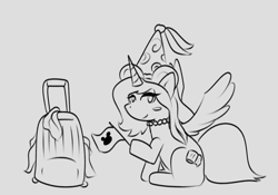 Size: 1484x1038 | Tagged: safe, artist:matachu, oc, oc:mitchy, alicorn, alicorn oc, crossdressing, disney, hat, horn, suitcase, wings