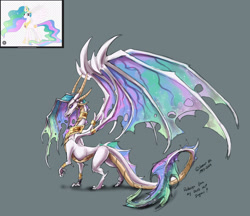 Size: 2064x1785 | Tagged: safe, artist:sevour, princess celestia, dragon, g4, colored, concave belly, dragoness, dragonified, dragonlestia, female, holes in wings, impossibly large wings, jewelry, large wings, long tail, quadrupedal, regalia, scaled underbelly, sketch, slender, solo, species swap, starry tail, starry wings, tail, thin, vein, veiny wings, wings