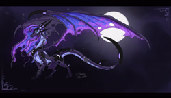 Size: 2542x1449 | Tagged: safe, artist:sevour, princess luna, dragon, g4, concave belly, countershading, dragoness, dragonified, female, holes in wings, large wings, long tail, lunadragon, moon, night, outdoors, quadrupedal, slender, solo, species swap, tail, thin, wings