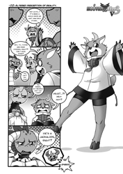 Size: 2500x3523 | Tagged: safe, artist:boastudio, bramble, princess ember, thorax, changedling, changeling, deer, dragon, anthro, comic:hooves & fins, g4, black and white, comic, dialogue, dragoness, female, grayscale, high res, king thorax, male, monochrome, palindrome get, simple background, speech bubble, trio, white background