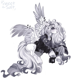 Size: 2821x2843 | Tagged: safe, artist:sweettsa1t, oc, oc only, oc:miles, pegasus, pony, camera, clothes, ear piercing, earring, high res, jewelry, male, piercing, scarf, signature, simple background, solo, spread wings, stallion, striped scarf, sweater, white background, wing piercing, wings