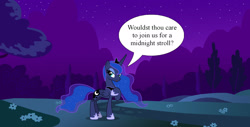 Size: 1916x974 | Tagged: safe, artist:fruft, princess luna, alicorn, pony, g4, bronybait, female, flower, grammar error, mare, night, outdoors, solo, speech bubble, talking to viewer, ye olde butcherede englishe, ye olde english