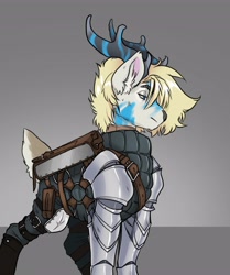 Size: 3428x4096 | Tagged: safe, artist:opalacorn, oc, oc only, deer, armor, buck, deer oc, lidded eyes, male, non-pony oc, solo