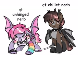 Size: 2048x1569 | Tagged: safe, artist:opalacorn, oc, oc only, oc:colis, bat pony, pony, bat pony oc, blaze (coat marking), choker, clothes, coat markings, duo, duo male and female, facial markings, female, floppy ears, freckles, hoofless socks, leash, lidded eyes, male, mare, rainbow socks, simple background, socks, spiked choker, spiked wristband, spread wings, stallion, striped socks, text, white background, wings, wristband