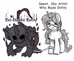 Size: 4096x3353 | Tagged: safe, artist:opalacorn, oc, oc only, oc:sketch heart, alicorn, pony, unicorn, black and white, chest fluff, commission, female, glasses, grayscale, horn, leash, lidded eyes, mare, monochrome, simple background, text, white background, ych result