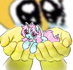 Size: 4096x3956 | Tagged: safe, artist:opalacorn, oc, oc only, oc:scoops, pony, unicorn, big eyes, female, holding a pony, horn, in goliath's palm, looking at you, lying down, mare, prone, size difference, smiling, smiling at you, solo focus, teary eyes