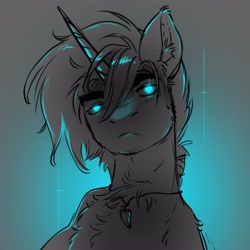 Size: 4096x4096 | Tagged: safe, artist:opalacorn, oc, oc only, pony, unicorn, bust, chest fluff, ear fluff, glowing, glowing eyes, gradient background, horn, looking at you, male, monochrome, solo, stallion