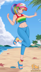 Size: 2362x4134 | Tagged: safe, artist:focusb, rainbow dash, human, starfish, equestria girls, g4, beach, belly, belly button, cap, commission, hat, high res, human coloration, midriff, multicolored hair, outdoors, palm tree, rainbow hair, solo, tree