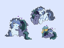 Size: 685x514 | Tagged: safe, artist:flixanoa, oc, oc:fef, oc:juniper, oc:scrimmy, bat pony, pegasus, pony, unicorn, bags under eyes, bat pony oc, bipedal, blue background, blue coat, blue mouth, blue tongue, chest fluff, colored, colored mouth, colored tongue, colored wings, couple, cuddle puddle, cuddling, duo focus, eye clipping through hair, eyebrows, eyebrows visible through hair, eyes closed, fangs, flat colors, floating heart, fluffy mane, folded wings, frown, gay, heart, horn, hug, light blue coat, long tail, lying down, male, male oc, oc x oc, open mouth, open smile, pegasus oc, pony pile, ponysona, prone, shipping, shoulder fluff, simple background, sleeping, smiling, stallion, stallion oc, tail, three toned mane, tired, two toned mane, two toned tail, two toned wings, unicorn oc, wings, yellow coat