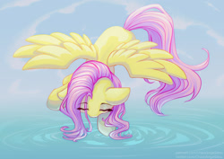 Size: 1414x1000 | Tagged: safe, artist:chaosangeldesu, fluttershy, pegasus, pony, g4, eyes closed, female, flying, mare, outdoors, sky, solo, spread wings, tail, water, wings