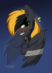 Size: 2000x2800 | Tagged: safe, artist:orhi_fw, oc, oc only, oc:shade demonshy, pegasus, bandage, bandaged wing, blushing, bust, female, portrait, smiling, solo, wings