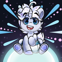 Size: 4000x4000 | Tagged: safe, artist:duckie, oc, oc only, oc:moondrop mist, pony, unicorn, abdl, abstract background, bluey, colt, diaper, eye clipping through hair, eyebrows, eyebrows visible through hair, eyelashes, female, filly, foal, freckles, frog (hoof), horn, looking at you, male, mouth on side of face, open mouth, open smile, sleepytime, smiling, smiling at you, solo, space, stars, underhoof