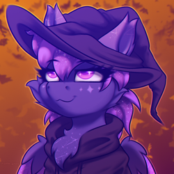 Size: 2000x2000 | Tagged: safe, artist:shad0w-galaxy, oc, oc only, oc:shadow galaxy, pegasus, pony, :3, autumn, autumn leaves, body markings, bust, cheek fluff, chest fluff, clothes, cute, ear fluff, ethereal mane, female, gradient background, hat, high res, hoodie, leaves, mare, pegasus oc, portrait, smug, solo, starry eyes, starry mane, wingding eyes, witch hat