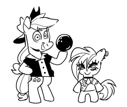 Size: 681x575 | Tagged: safe, artist:kyssimmee, gameloft, apple bloom, applejack, earth pony, pony, g4, apple sisters, bipedal, black and white, bowling, bowling ball, duo, duo female, eye clipping through hair, eyeshadow, female, filly, foal, gameloft interpretation, grayscale, looking at you, makeup, mare, monochrome, siblings, simple background, sisters, smiling, smiling at you, white background