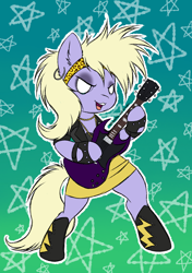 Size: 1748x2480 | Tagged: safe, artist:sweetpea-and-friends, power chord, earth pony, pony, g4, boots, clothes, ear piercing, earring, fingerless gloves, gloves, gradient background, guitar, jacket, jewelry, leather, leather jacket, musical instrument, not derpy, piercing, shoes, skirt, solo, standing on two hooves