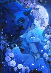 Size: 3307x4677 | Tagged: safe, artist:xieyanbbb, nightmare moon, princess luna, alicorn, pony, g4, crying, duality, duo, female, flower, full moon, helmet, high res, mare, moon, open mouth, open smile, outdoors, peytral, rose, s1 luna, slender, smiling, thin