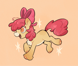 Size: 1587x1343 | Tagged: safe, artist:sephtatos, apple bloom, earth pony, pony, g4, adorabloom, alternate hairstyle, apple bloom's bow, bangs, bow, brown pupils, chest fluff, coat markings, colored belly, colored eyebrows, colored eyelashes, colored hooves, colored pupils, cute, eyebrows, eyebrows visible through hair, facial markings, female, filly, foal, hair accessory, hair bow, hooves, mane accessory, no catchlights, open mouth, open smile, orange background, orange hooves, pale belly, profile, red eyelashes, running, shiny hooves, shiny mane, shiny tail, simple background, smiling, snip (coat marking), solo, sparkles, unshorn fetlocks