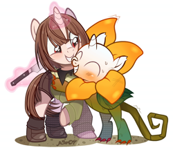 Size: 6019x5230 | Tagged: safe, artist:p3ar07, original species, plant pony, pony, unicorn, base used, blush lines, blushing, boots, brown mane, brown tail, chara, claws, clothes, cream coat, ear tufts, emanata, fangs, flower, flower pony, flowey, foal, glowing, glowing horn, hoof boots, hoof claws, horn, hug, knife, looking at someone, magic, plant, ponified, raised hoof, red eyes, shiny mane, shiny tail, shoes, short hair, shorts, signature, simple background, smiling at someone, socks, sweat, sweater, tail, telekinesis, this will end in pain and/or death, undertale, worried, worried smile