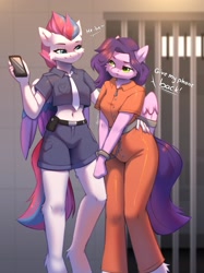 Size: 1535x2048 | Tagged: safe, artist:alphadesu, pipp petals, zipp storm, anthro, unguligrade anthro, g5, belly, belly button, bound wings, clothes, commissioner:rainbowdash69, duo, duo female, female, hehe, indoors, jail, jail cell, jumpsuit, never doubt rainbowdash69's involvement, police uniform, prison, prison cell, prison outfit, prisoner, prisoner pipp, smiling, smirk, wing cuffs, wings