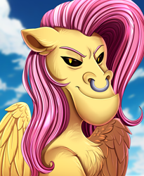 Size: 1446x1764 | Tagged: safe, artist:pridark, fluttershy, lord tirek, pegasus, pony, g4, abomination, commission, cursed image, face swap, fusion, nightmare fuel, nose piercing, nose ring, outdoors, piercing, solo, wat