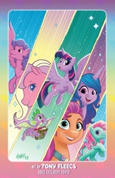 Size: 1401x2159 | Tagged: safe, artist:tony fleecs, firefly, izzy moonbow, minty, spike, sundance (g2), sunny starscout, twilight sparkle, alicorn, earth pony, pegasus, pony, unicorn, g1, g2, g3, g4, g5, female, horn, mare, twilight sparkle (alicorn), winged spike, wings