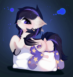 Size: 3664x3884 | Tagged: safe, artist:empress-twilight, oc, oc only, oc:dusty bloom, bat pony, pony, g4, butt, clothes, commission, fangs, female, female oc, fluffy, looking at you, looking back, looking back at you, mare, mare oc, on pillow, pillow, plot, pony oc, socks, solo, thigh highs, tongue out, violet eyes, ych result