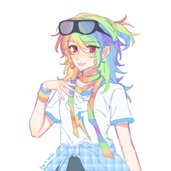 Size: 2048x2048 | Tagged: safe, artist:qiaozhu20289, rainbow dash, human, g4, anime style, clothes, female, glasses, glasses on head, half body, humanized, multicolored hair, open mouth, open smile, rainbow hair, red eyes, shirt, simple background, smiling, solo, t-shirt, white background