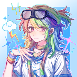 Size: 2048x2048 | Tagged: safe, artist:qiaozhu20289, rainbow dash, human, g4, abstract background, anime style, bust, clothes, female, glasses, glasses on head, humanized, multicolored hair, passepartout, pink eyes, rainbow hair, shirt, smiling, solo, t-shirt