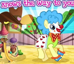 Size: 336x295 | Tagged: safe, gameloft, topspin, earth pony, pony, g4, my little pony: magic princess, clown, cropped, english, happy, looking at you, male, meme, open mouth, open smile, outdoors, rodeo clown, smiling, solo, stallion, text, wow! glimmer