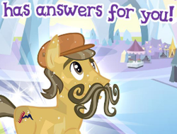 Size: 279x212 | Tagged: safe, gameloft, mustafa combe, pony, g4, my little pony: magic princess, cropped, english, facial hair, hat, male, meme, moustache, mustache crystal pony, outdoors, smiling, solo, stallion, text, wow! glimmer