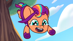 Size: 2160x1215 | Tagged: safe, screencap, sunny starscout, earth pony, pony, g5, my little pony: tell your tale, written in the starscouts, spoiler:g5, spoiler:my little pony: tell your tale, spoiler:tyts02e11, baby, baby sunny starscout, crying, cute, falling, female, filly, filly sunny starscout, foal, mane stripe sunny, open mouth, open smile, outdoors, smiling, solo, sunnybetes, tears of joy, tree, wingding eyes, younger