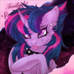 Size: 1181x1181 | Tagged: safe, artist:koffeemilk, twilight sparkle, alicorn, pony, g4, :p, alternate hairstyle, choker, eyeshadow, female, looking at you, makeup, mare, piercing, punklight sparkle, smiling, smiling at you, solo, spiked choker, tongue out, tongue piercing, twilight sparkle (alicorn)