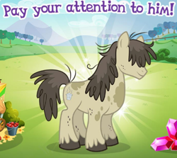 Size: 476x425 | Tagged: safe, gameloft, pigpen, earth pony, pony, g4, my little pony: magic princess, cropped, english, gem, male, meme, outdoors, solo, stallion, text, wow! glimmer