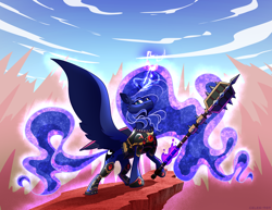 Size: 2200x1700 | Tagged: safe, artist:celes-969, princess luna, alicorn, pony, g4, armor, horn, outdoors, solo, spread wings, weapon, wings