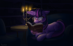 Size: 2811x1785 | Tagged: safe, artist:rerrtiz, twilight sparkle, pony, unicorn, g4, book, dostoevsky, female, floppy ears, glasses, levitation, magic, mare, night, telekinesis, unicorn twilight