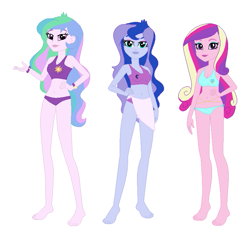 Size: 777x759 | Tagged: safe, artist:jacob-van-antwerp, dean cadance, princess cadance, princess celestia, princess luna, principal celestia, vice principal luna, human, equestria girls, g4, barefoot, base used, belly, belly button, bikini, clothes, cropped, feet, female, sarong, simple background, sports bikini, sports bra, sports panties, sports swimsuit, swimsuit, trio, trio female, white background