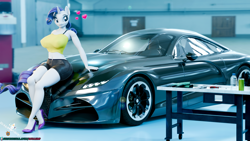 Size: 3840x2160 | Tagged: safe, artist:royalsimp, rarity, unicorn, anthro, g4, 3d, bottle, car, clothes, garage, heart, high heels, horn, indoors, shirt, shoes, shorts, wheel, workbench